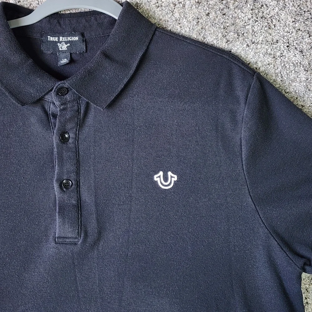 True Religion Polo Shirt Mens Large Black‎ Horseshoe Logo Excellent